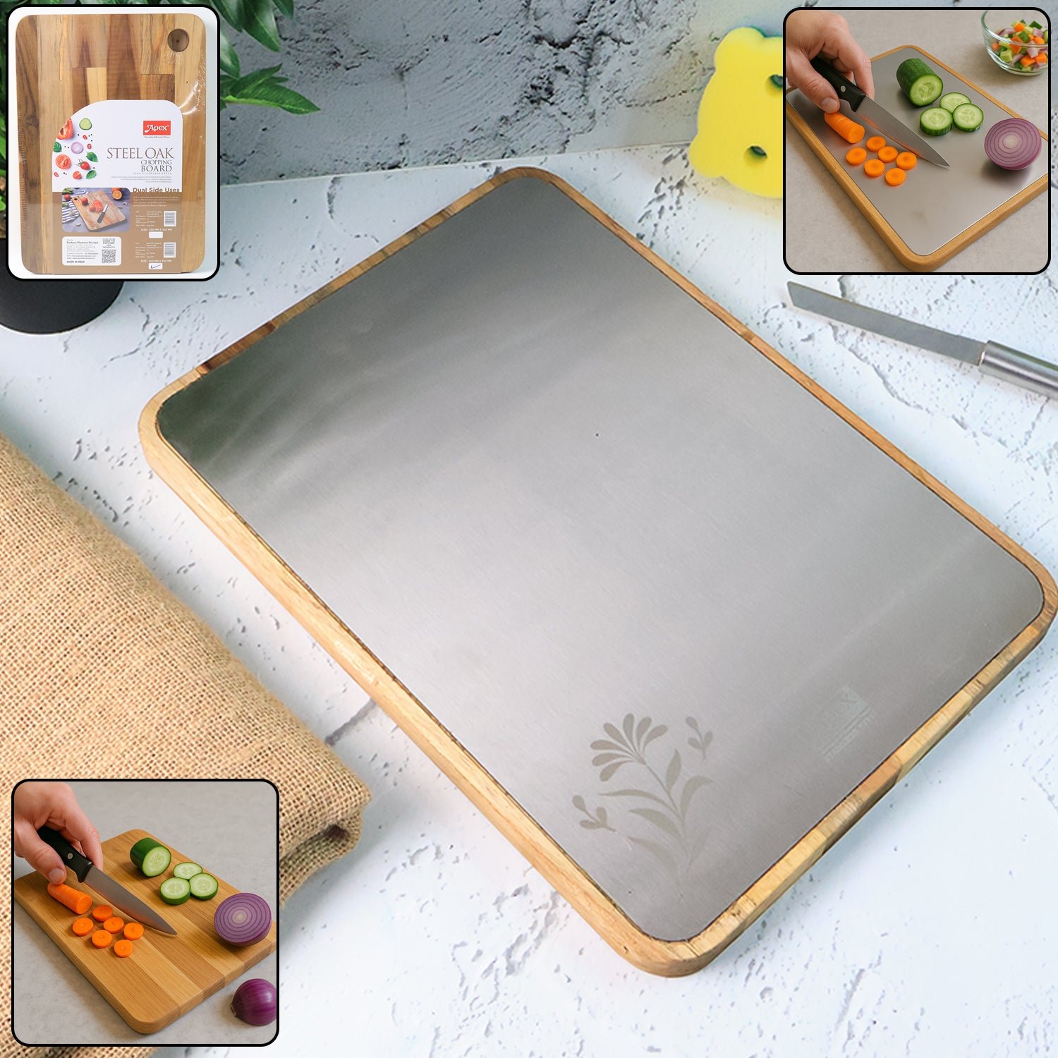 Steel Oak Cutting Board – Durable 35x25 cm with Wooden Handle