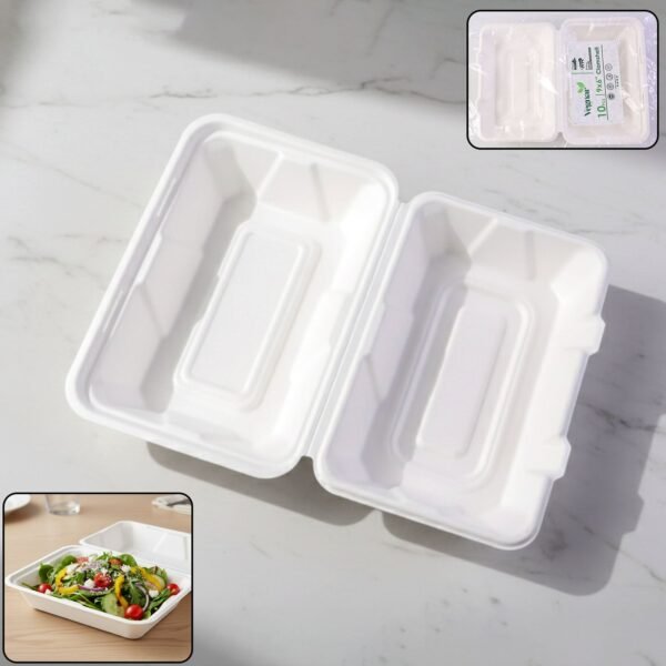 Bagasse Clamshell Food Box – Eco-Friendly 9x6 Inch Disposable Set
