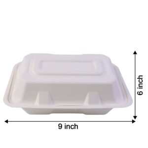 Bagasse Clamshell Food Box – Eco-Friendly 9x6 Inch Disposable Set