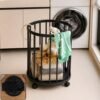 Metal Laundry Basket with Wheels, Round Standing Dirty Clothes Hamper (1 Pc)