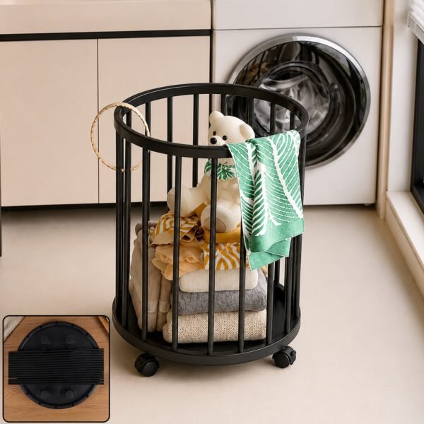 Metal Laundry Basket with Wheels, Round Standing Dirty Clothes Hamper (1 Pc)