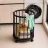 Metal Laundry Basket with Wheels, Round Standing Dirty Clothes Hamper (1 Pc)