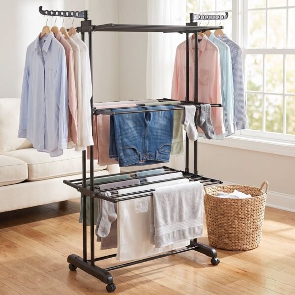 Expandable Garment Rack – 3 Layer Cloth Drying Stand with Wheels