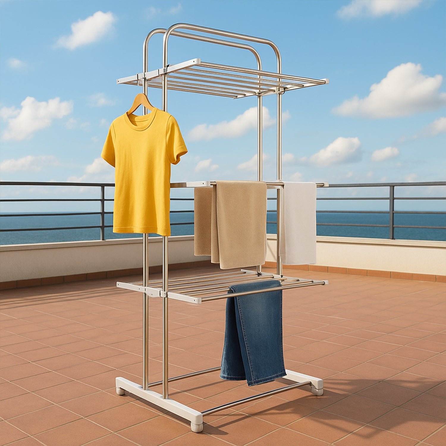 Stainless Steel Clothes Drying Stand – Foldable 3-Layer Rack with Wheels