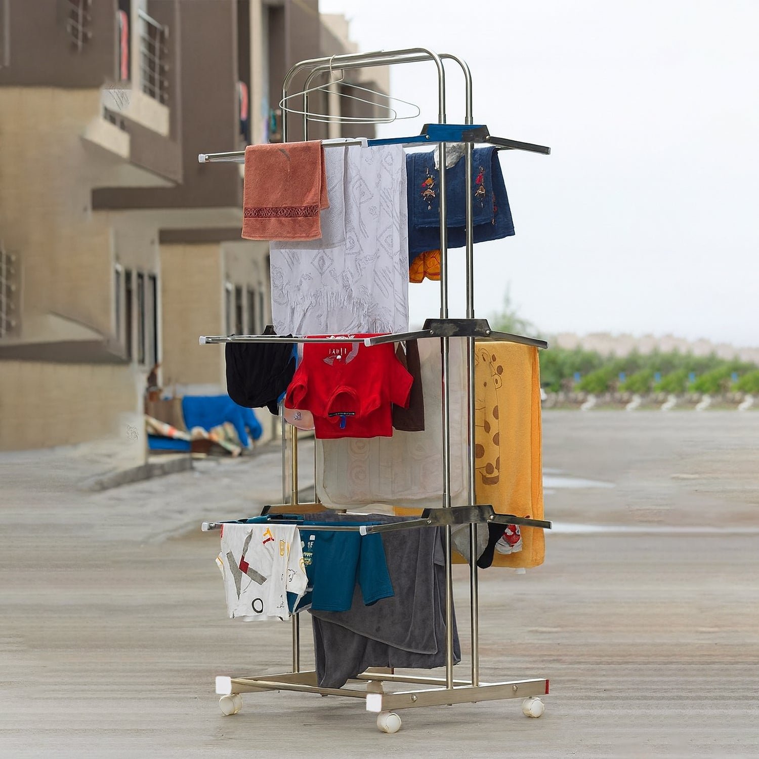 Stainless Steel Clothes Drying Stand – Foldable 3-Layer Rack with Wheels
