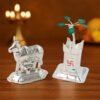 Kamdhenu Cow & Tulsi Plant Silver-Plated Pair – Divine Pooja Décor