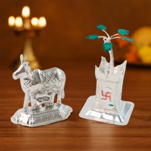 Kamdhenu Cow & Tulsi Plant Silver-Plated Pair – Divine Pooja Décor