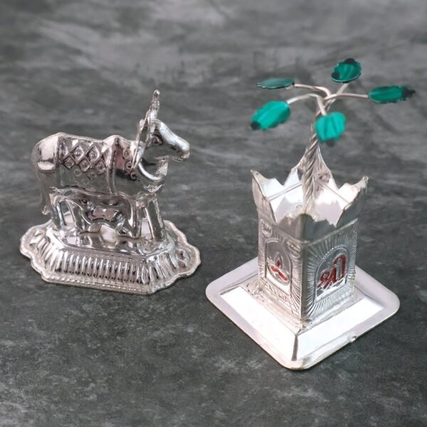 Kamdhenu Cow & Tulsi Plant Silver-Plated Pair – Divine Pooja Décor