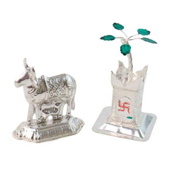 Kamdhenu Cow & Tulsi Plant Silver-Plated Pair – Divine Pooja Décor