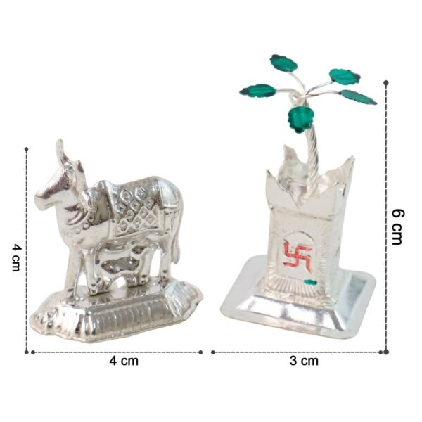 Kamdhenu Cow & Tulsi Plant Silver-Plated Pair – Divine Pooja Décor