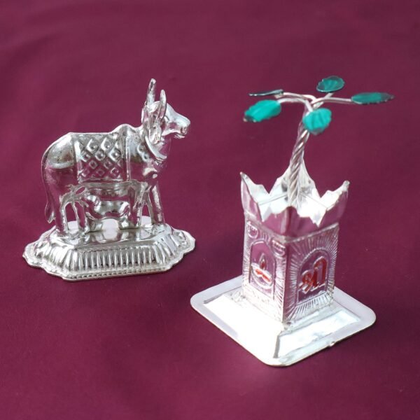 Kamdhenu Cow & Tulsi Plant Silver-Plated Pair – Divine Pooja Décor
