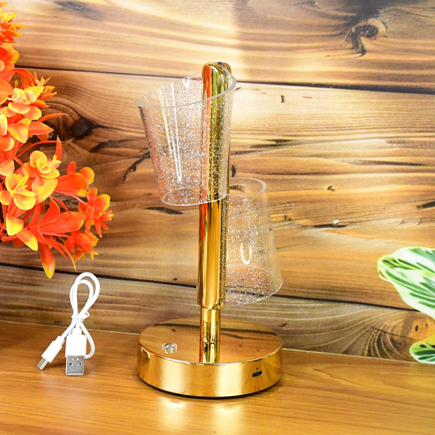 Crystal LED Double Shade Table Lamp – Elegant Golden Base Lighting