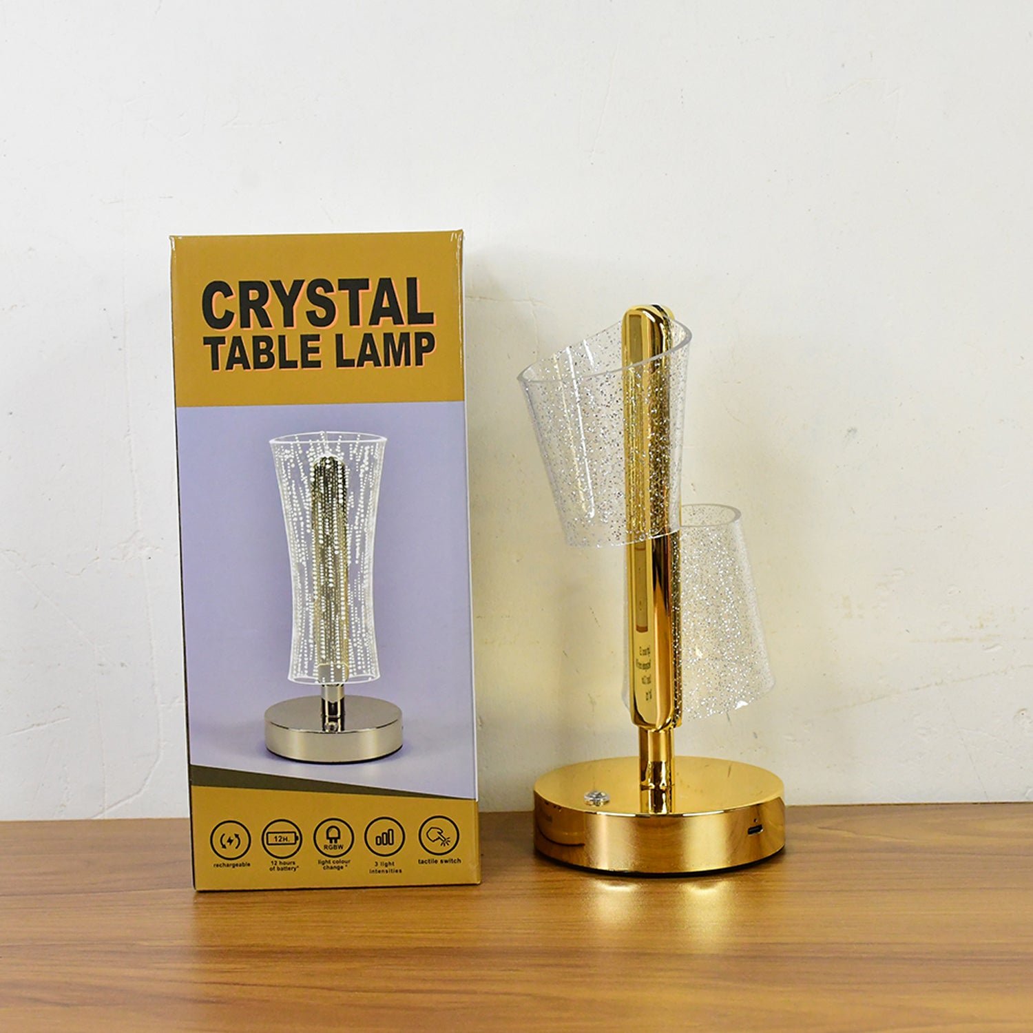 Crystal LED Double Shade Table Lamp – Elegant Golden Base Lighting