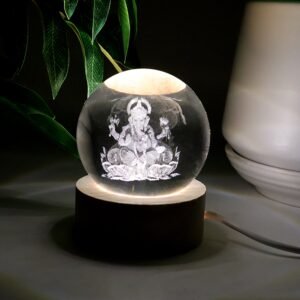 Ganpati 3D Crystal Ball Lamp – Wooden Base Night Light | Indo Glow