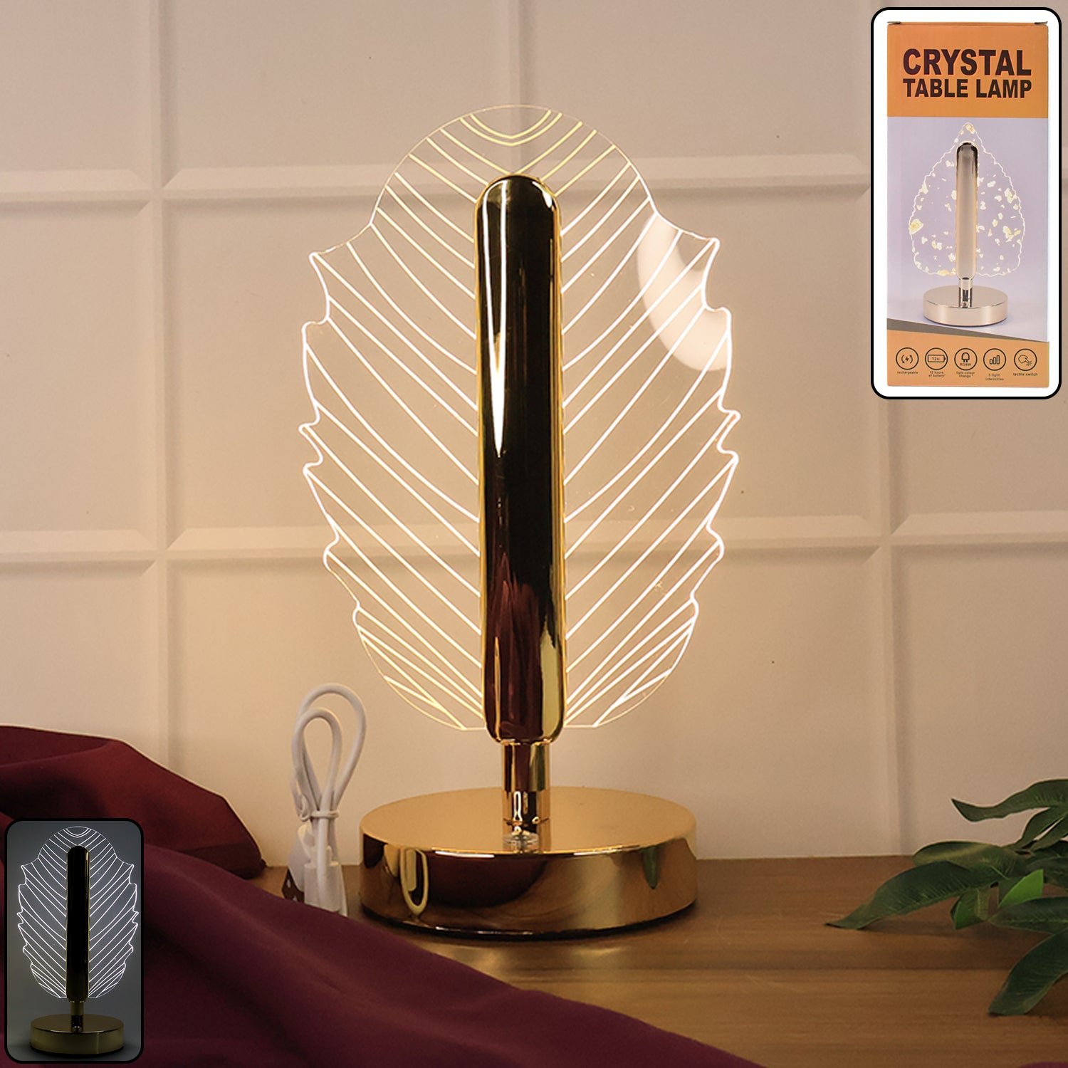 Leaf Shape Crystal Table Lamp – Elegant USB Charging LED Light