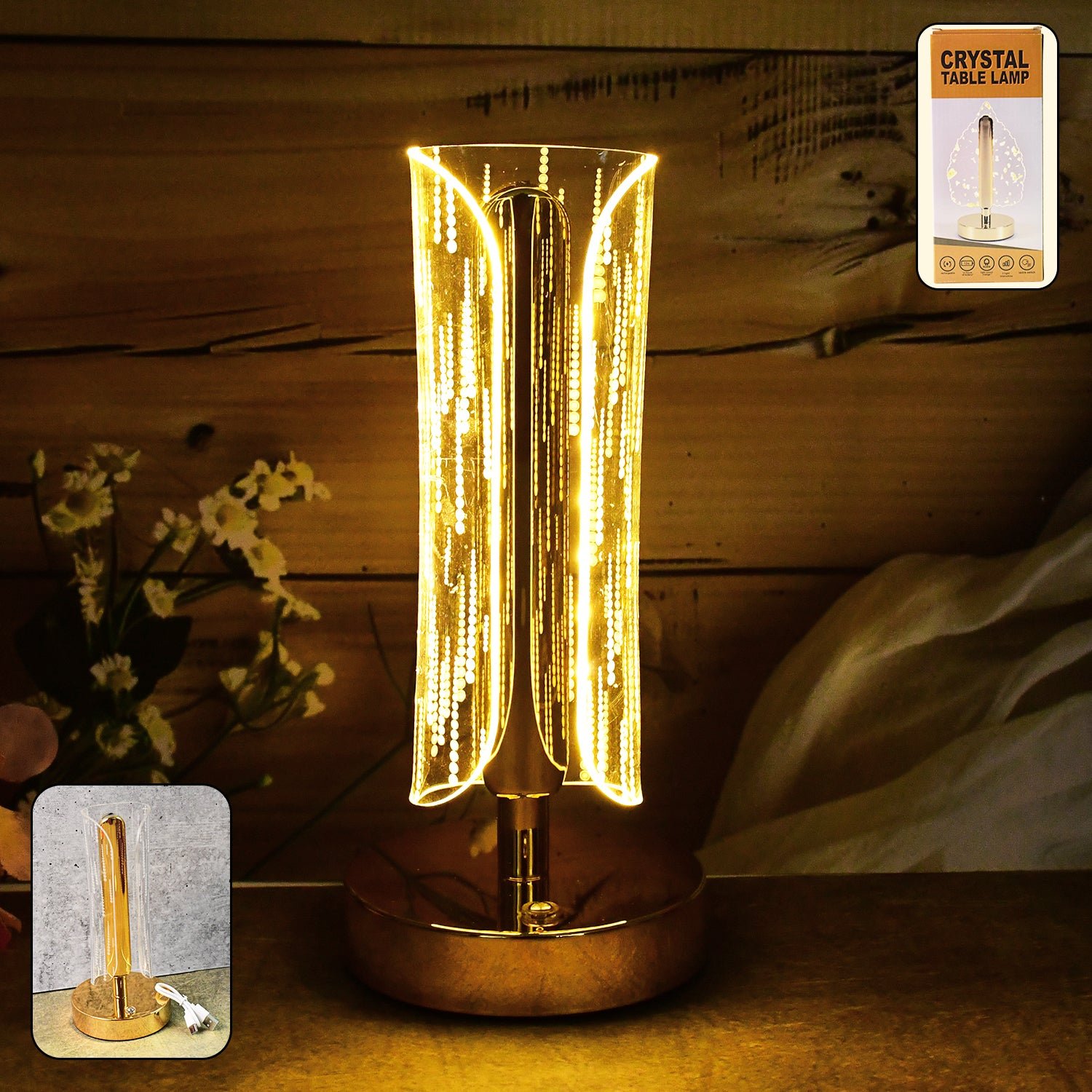 Crystal Table Lamp – Tall Cylinder Shape with USB Charging