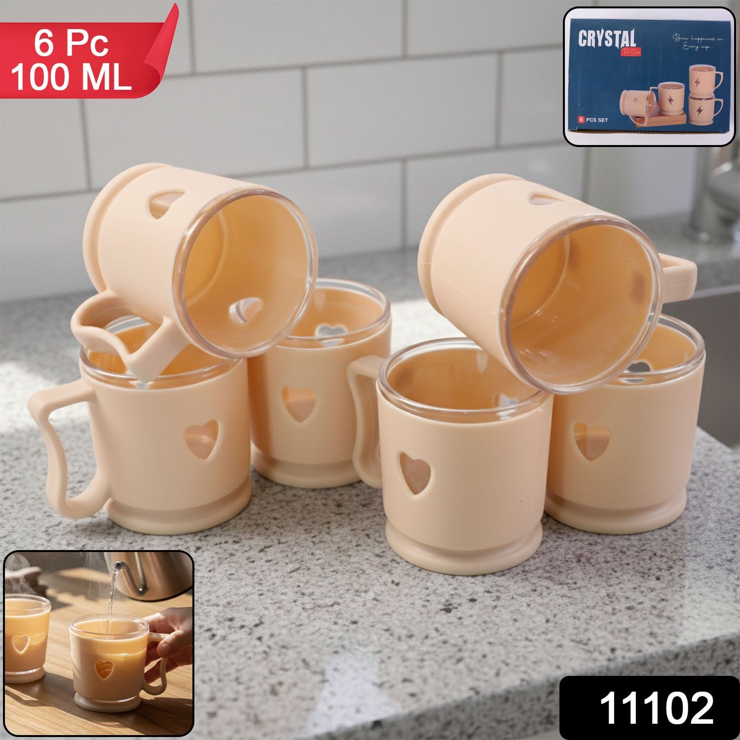 Mini Tea Coffee Mug Set – Elegant Heart Design, 100ML (6 Pieces)