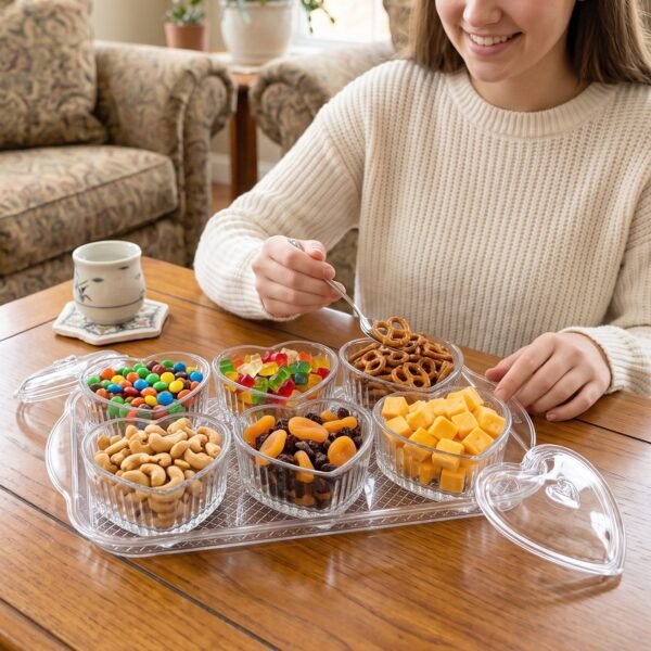 Heart Shape Dessert Bowl Set 6 Pc with Tray and Lids Serving Bowls (6 Pc Set)