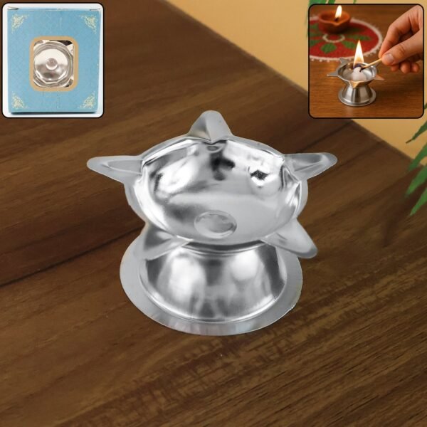 Diya-Stand-01 Stainless Steel Lotus Design Diya – Durable Traditional Puja Lamp