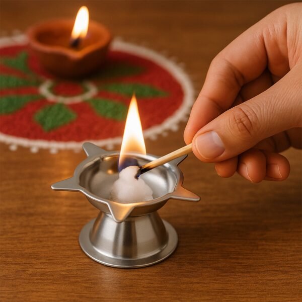 Diya-Stand-03 Stainless Steel Lotus Design Diya – Durable Traditional Puja Lamp