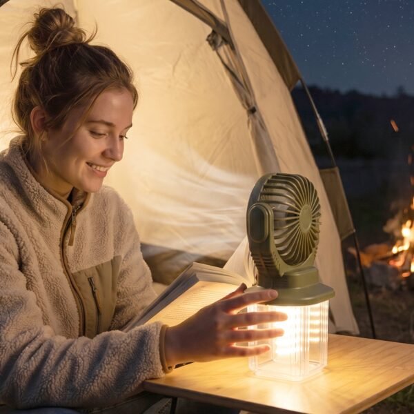 2 In 1 Solar Rechargeable Camping Fan with LED Lantern Light Portable (1 Pc)