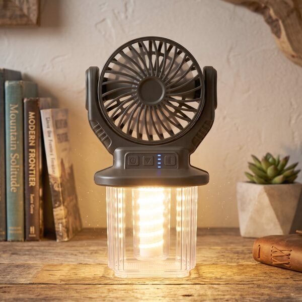 2 In 1 Solar Rechargeable Camping Fan with LED Lantern Light Portable (1 Pc)