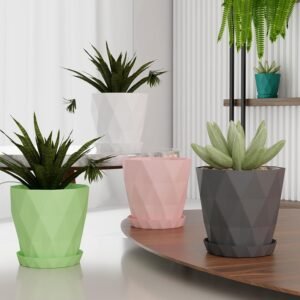 Diamond Design Plastic Flower Pot Set – Stylish 5-Piece Planters with Drain Tray