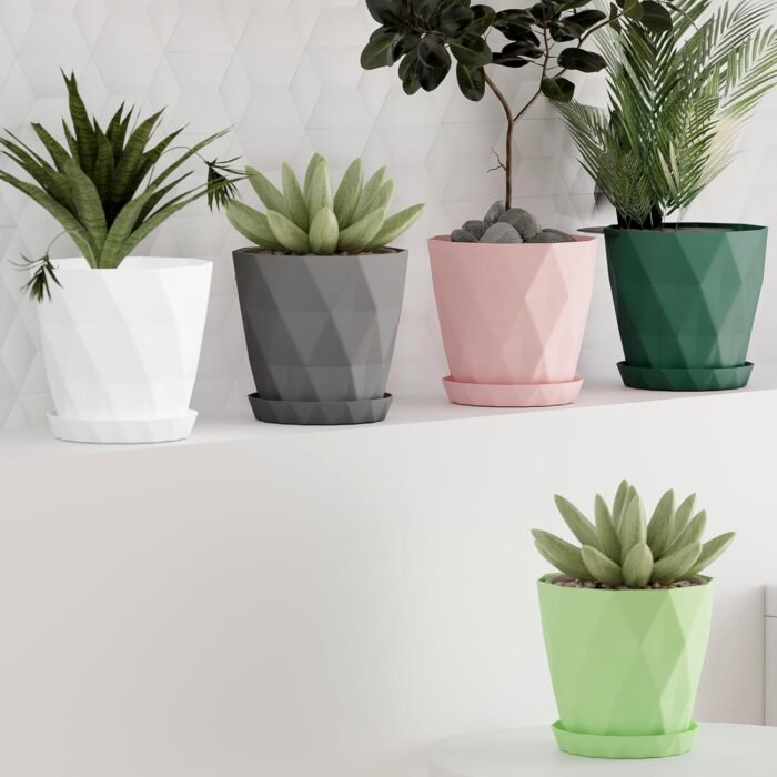 Diamond Design Plastic Flower Pot Set – Stylish 5-Piece Planters with Drain Tray