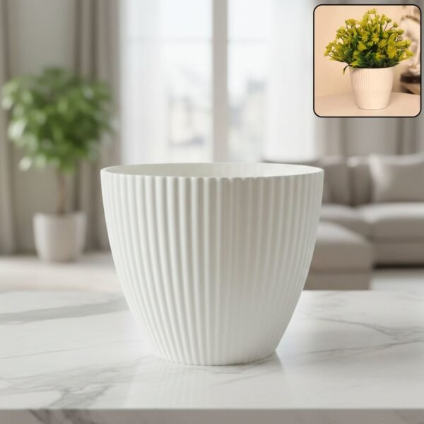 White Ribbed Flower Pot – Stylish Modern Indoor Planter