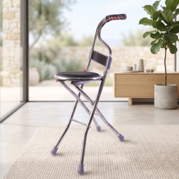 Folding Walking Stick with Seat and Backrest 4 Leg Cane Stool Chair (1 Pc)