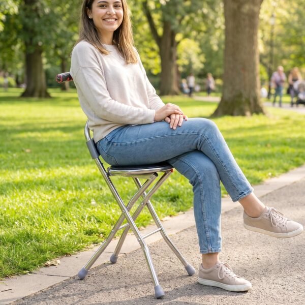Folding Walking Stick with Seat and Backrest 4 Leg Cane Stool Chair (1 Pc)