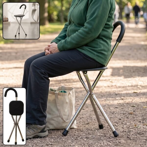 Folding Walking Stick with Seat 3 Leg Cane Stool Chair Support Stand (1 Pc)