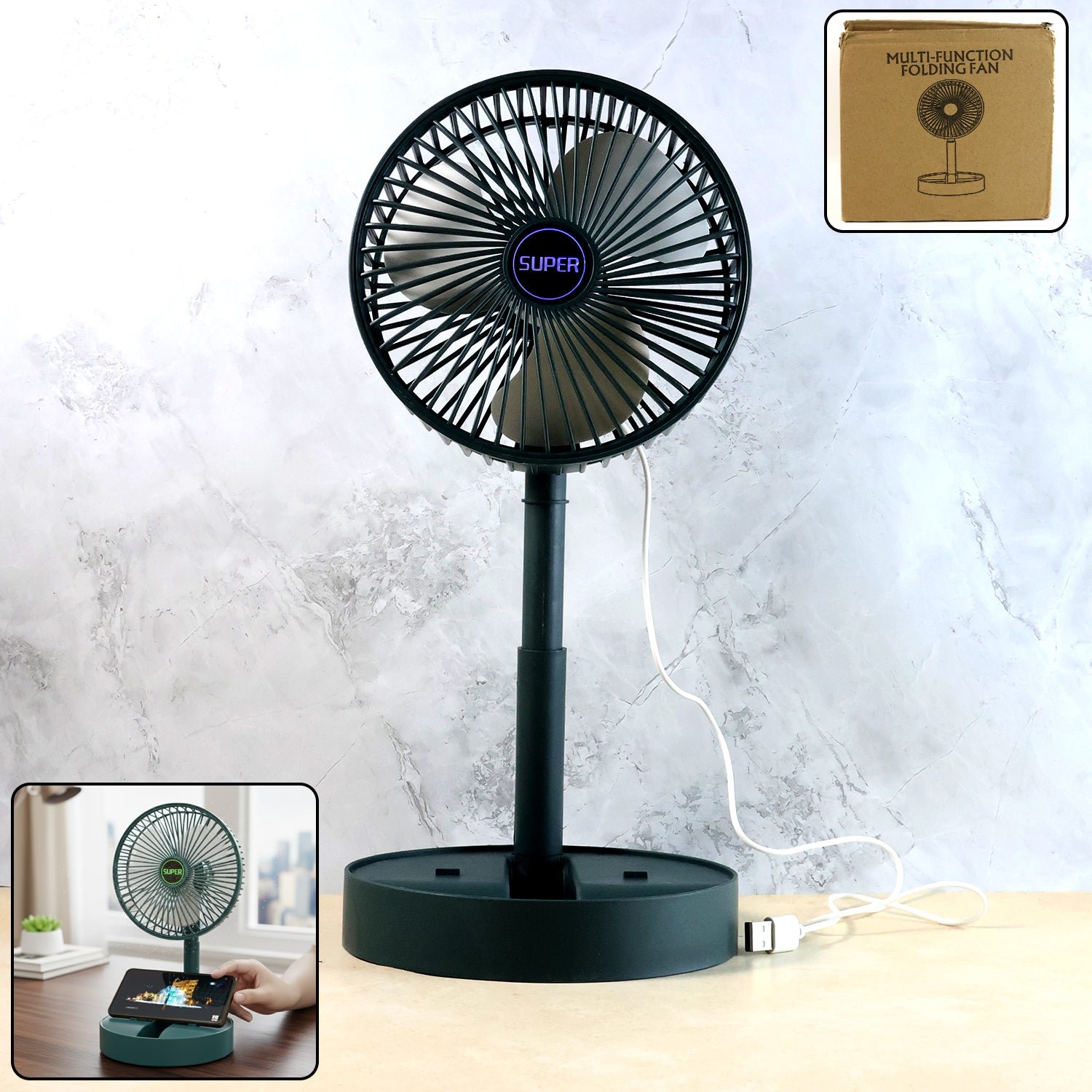 USB Folding Fan – Portable Desk Fan with Adjustable Speed & Phone Holder