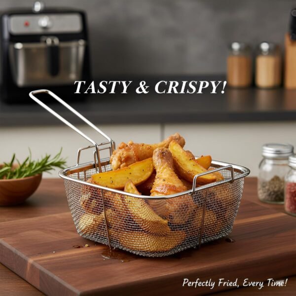 FryingBaske-03 Deep Fryer Basket – Stainless Steel with Long Handle for Safe Frying