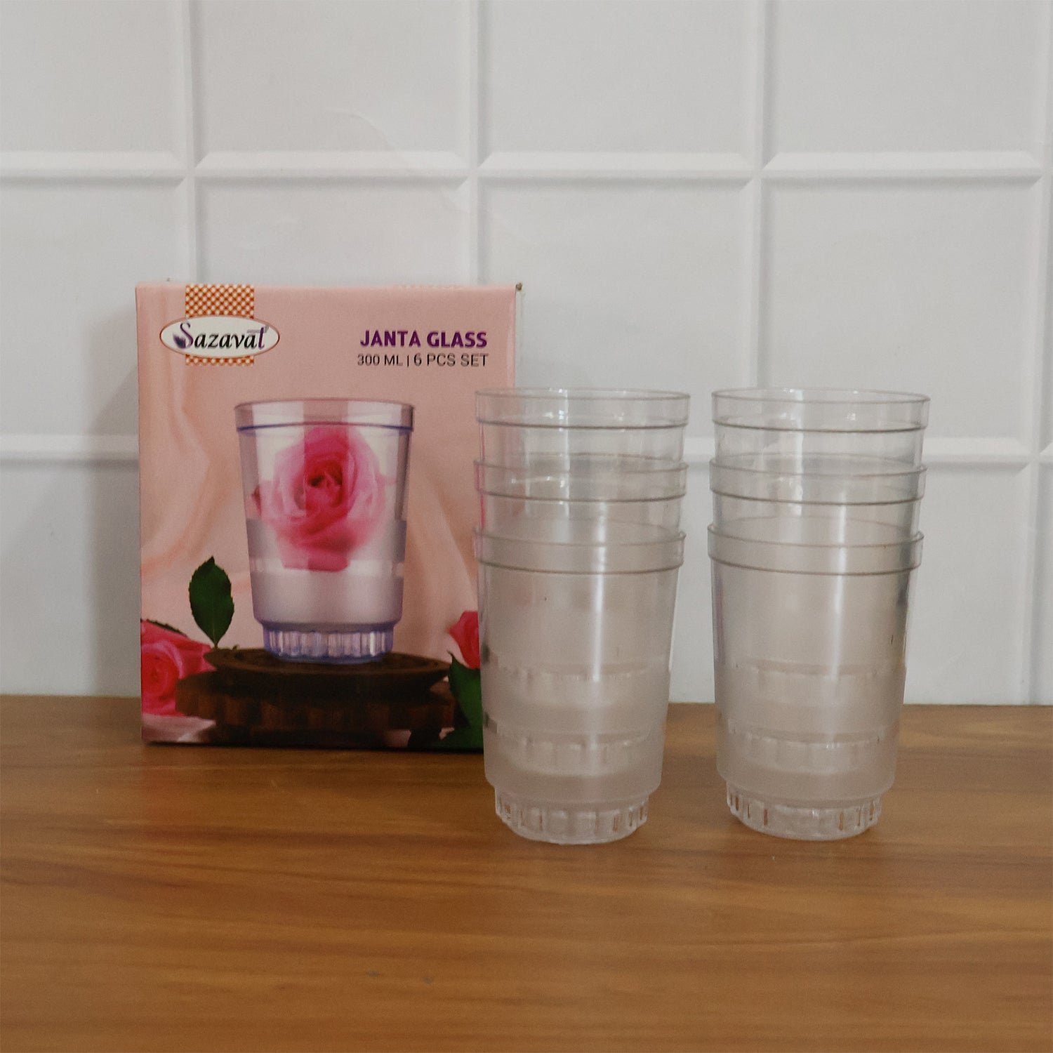 Janta Drinking Glass Set – 6 Pc with Frosted Grip, 300ml Each