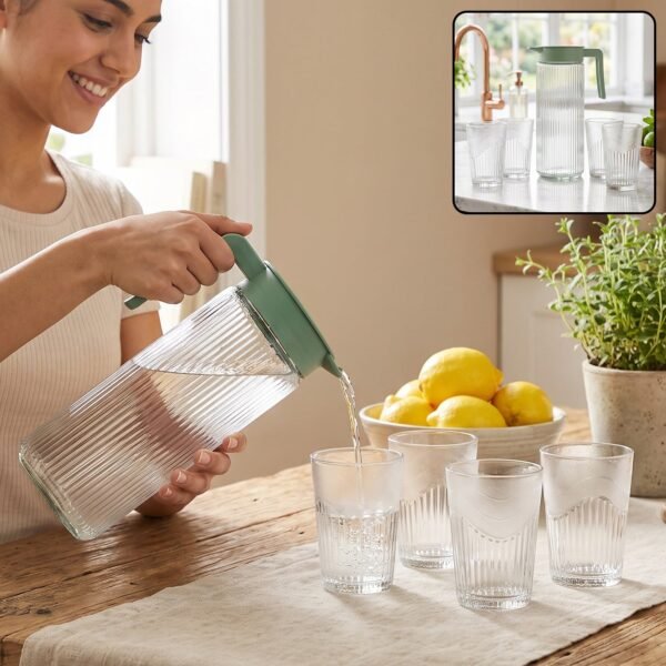 Glass-Set-1.jpg Glass Water Jug with Lid and 4 Glasses Set Ribbed Pitcher Carafe (1 Set)