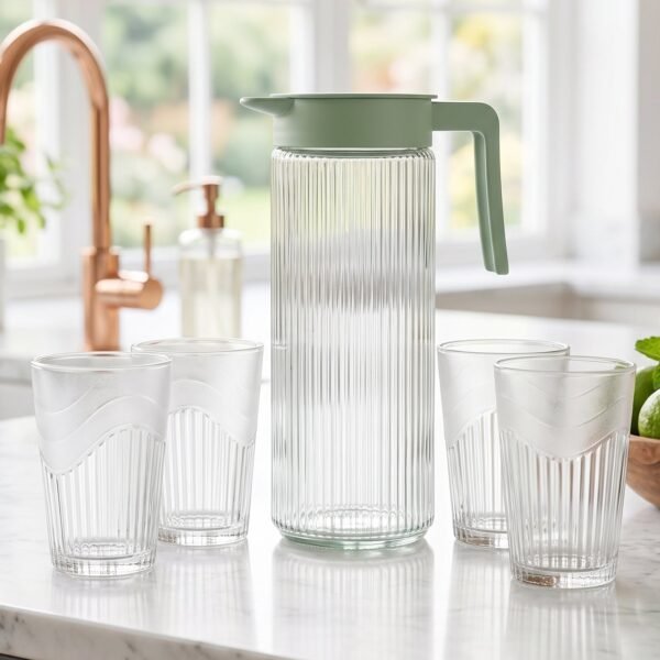 Glass-Set-3.jpg Glass Water Jug with Lid and 4 Glasses Set Ribbed Pitcher Carafe (1 Set)