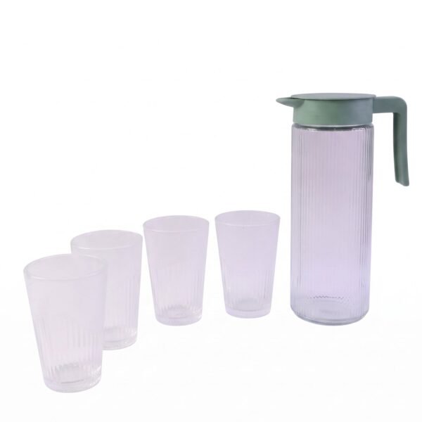 Glass-Set-7.jpg Glass Water Jug with Lid and 4 Glasses Set Ribbed Pitcher Carafe (1 Set)