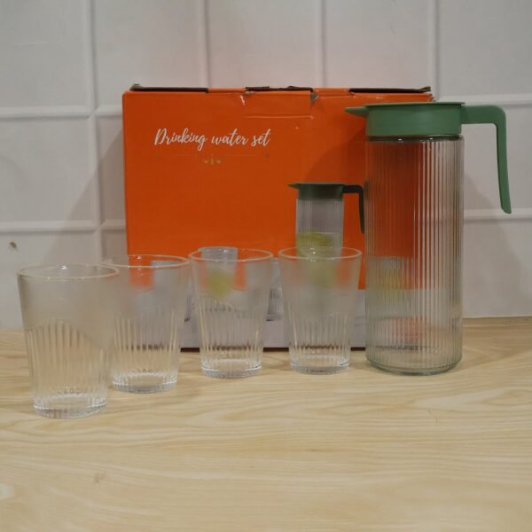 Glass-Set-8.jpg Glass Water Jug with Lid and 4 Glasses Set Ribbed Pitcher Carafe (1 Set)