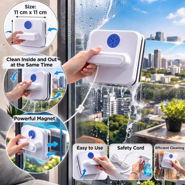 Double Sided Magnetic Window Cleaner – Glass Wiper with Safety Rope
