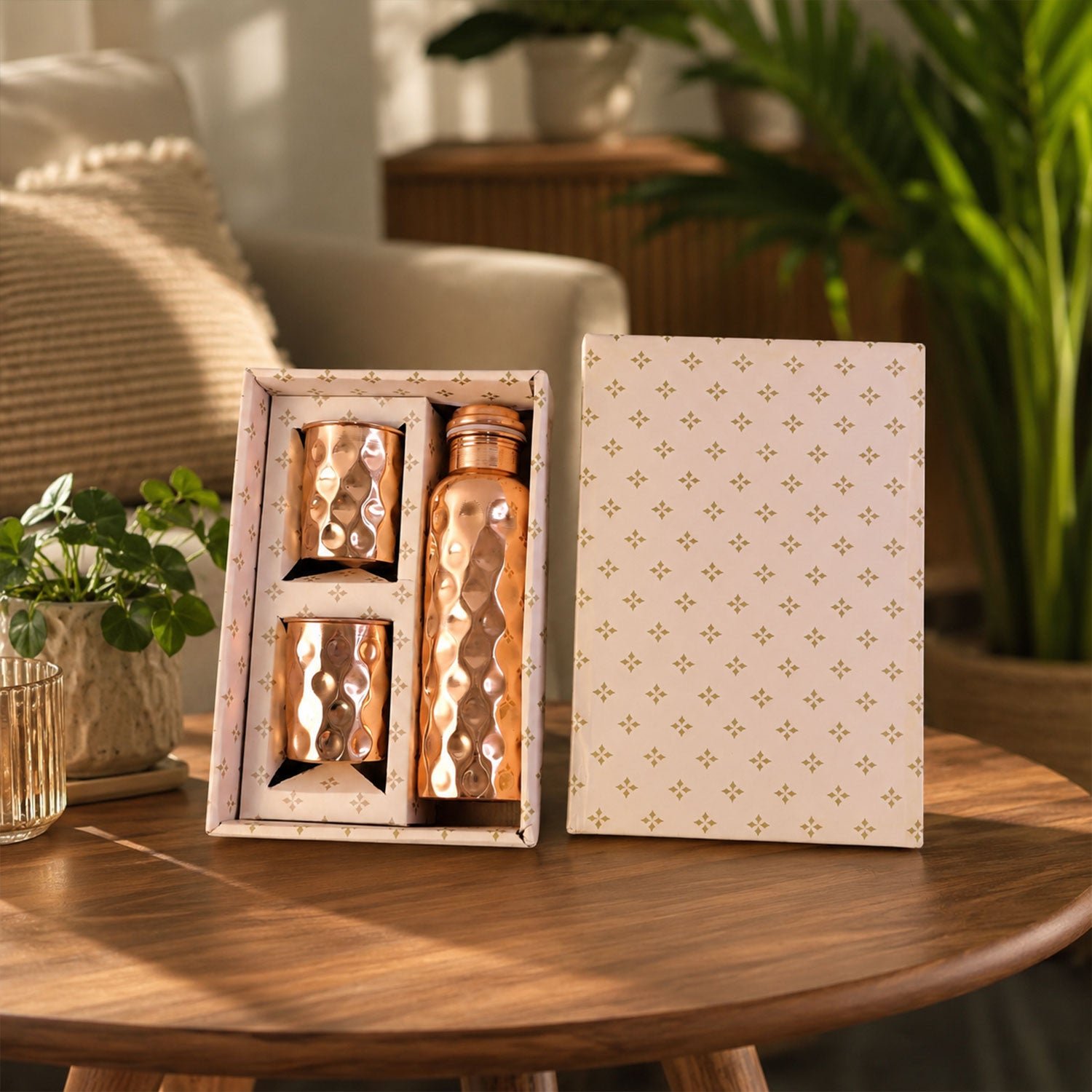 Copper Water Bottle Set – Diamond Cut & 2 Glasses | Own Hydrate
