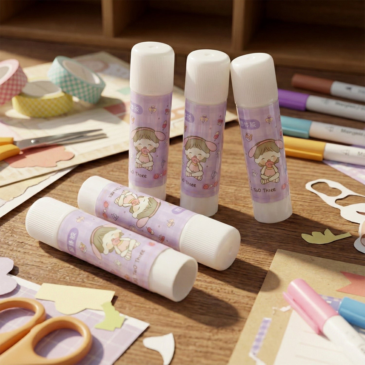 Solid Glue Stick Pack of 5 – Cartoon Design, Mess-Free Adhesive