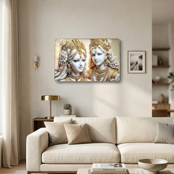 Radha Krishna Wall Art – Golden Finish Decor for Spiritual Spaces