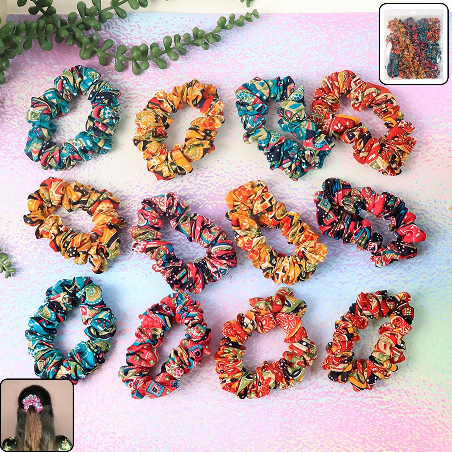 Printed Fabric Hair Scrunchies – Set of 12 Stylish Prints