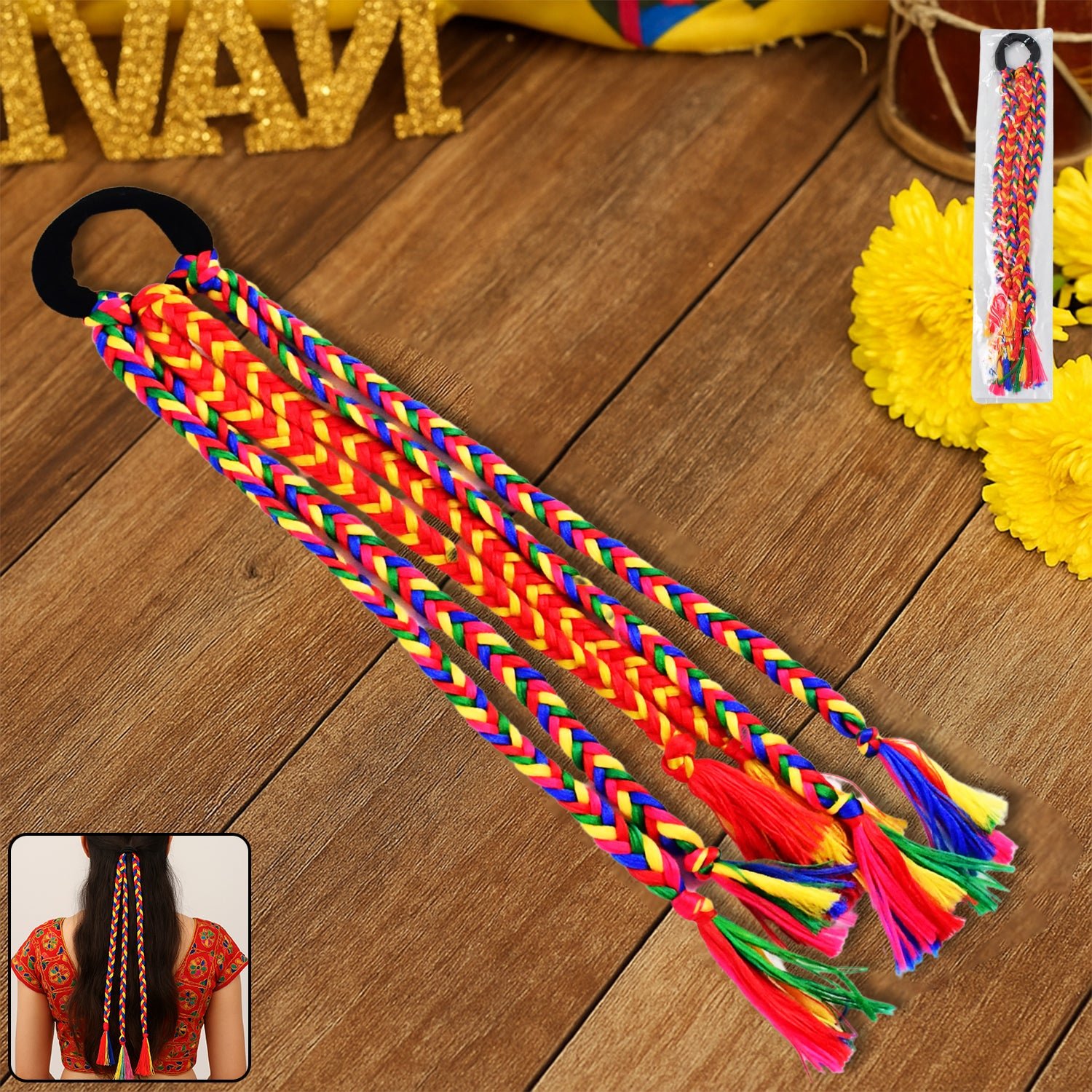 HairString-WOSKU-01 Multicolor Braided Hair Extension with Tassels โ Festive & Lightweight