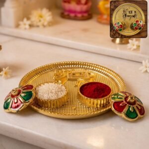 Cow Design Kankavati Kumkum Holder, Golden Pooja Thali with Compartments (1 Pc)