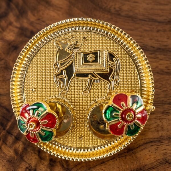 HaldiKumkumSet01-03 Cow Design Kankavati Kumkum Holder, Golden Pooja Thali with Compartments (1 Pc)