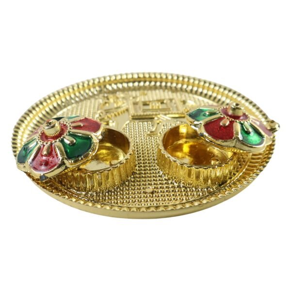 HaldiKumkumSet01-04 Cow Design Kankavati Kumkum Holder, Golden Pooja Thali with Compartments (1 Pc)