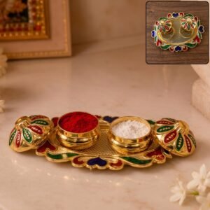 Decorative Kankavati Kumkum Holder, Golden Enamel Pooja Thali with Bowls (1 Pc)