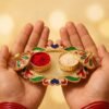 HaldiKumkumSet02-02 Decorative Kankavati Kumkum Holder, Golden Enamel Pooja Thali with Bowls (1 Pc)